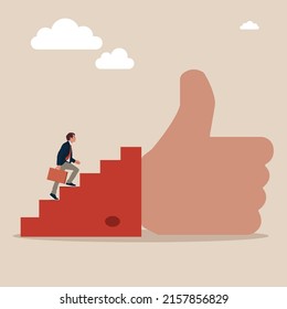 Businessman begin to walk up stair to thumb up. Success steps to reach work achievement, stair or ladder of success, self improvement or career development, step to succeed and reach goal concept.