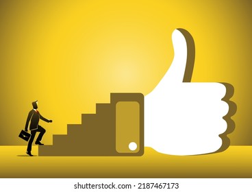 A businessman begin to walk up stair to thumb up and reach goal