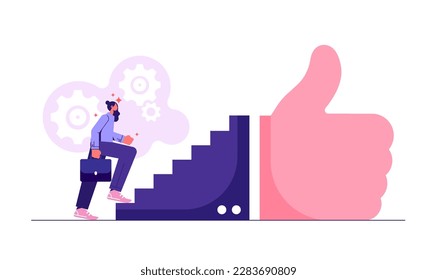 Businessman begin to walk up stair to thumb up. Success steps to reach work achievement, stair or ladder of success, step to succeed and reach goal concept