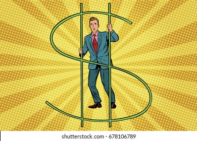 businessman behind bars money. Financial crime. Pop art retro vector illustration