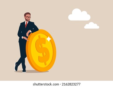 Businessman behind the big coin, Vector render character illustration.