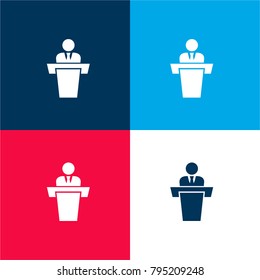 Businessman behind podium giving a speech four color material and minimal icon logo set in red and blue