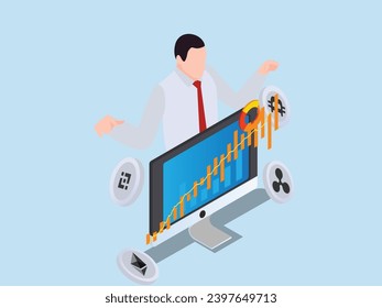Businessman behind the screen controlling crypto currency market chart 3d isometric vector concept for landing page, banner, illustration