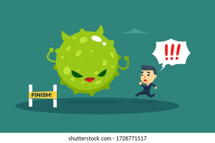a businessman being chased by a big green virus. vector illustration