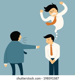 Businessman being complaint by his senior businesspeople, he appear smiley face but in his mind very angry. Funny cartoon illustration in feeling and emotion business concept. 