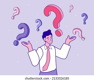 Businessman being confused and surrounded by question mark symbols. concept Frequently asked questions or FAQs. online support center. vector outline illustration.