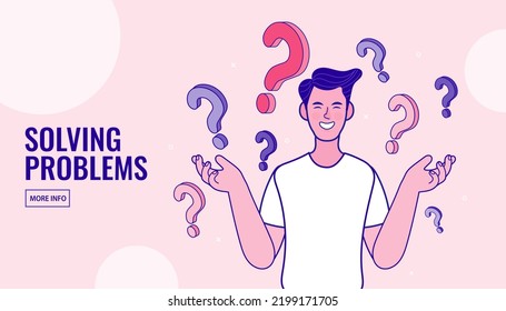 Businessman Being Confused And Surrounded By Question Mark Symbols. Concept Frequently Asked Questions Or FAQs. Online Support Center. Vector Outline Illustration.