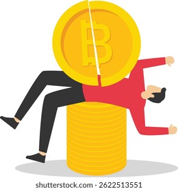 Empresário Sendo Esmagado Por Uma Grande Bitcoin Quebrada. Isolado No Plano De Fundo Colorido.

