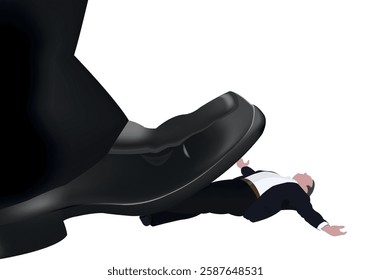 Businessman being crushed under giant foot concept for power abuse