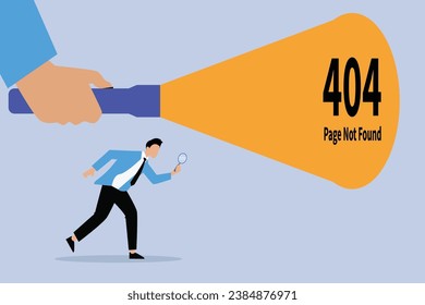 businessman being guided by a hand holding a flashlight uncovering 404 error page not found sign 2D flat vector concept for banner, website, illustration, landing page, flyer, etc