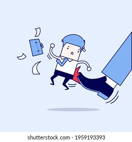 Businessman being kicked by boss. Cartoon character thin line style vector.