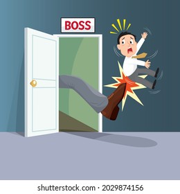 Businessman Being Kicked Out Of The Door, Dismissed from his job, Boss kick,illustration vector cartoon
