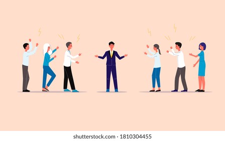 Businessman being mediator between conflicting and arguing groups of people, flat vector illustration isolated on background. Mediation and refereeing in negotiations.