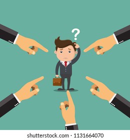 Businessman being pointed by a lot of hands.Vector illustration.