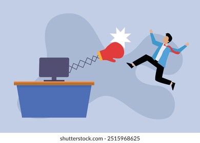 Businessman being punched by boxing gloves from computer laptop 2d flat vector illustration