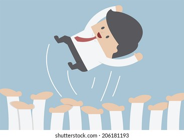 Businessman being throwing up by his team, Success concept, VECTOR, EPS10