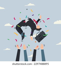 Businessman being throwing up. Success achieve the target illustration