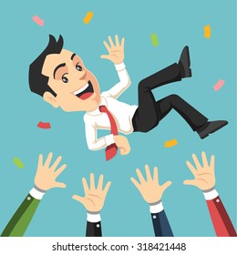 Businessman being thrown in the air. Vector flat illustration