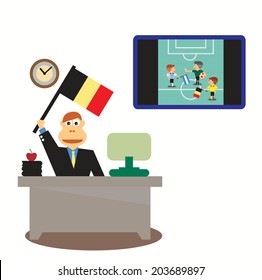 Businessman with Belgium Flag in hand and TV live soccer