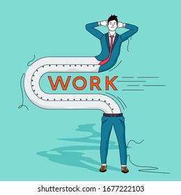 A businessman bending to avoid doing any work. Work shy people concept vector illustration.