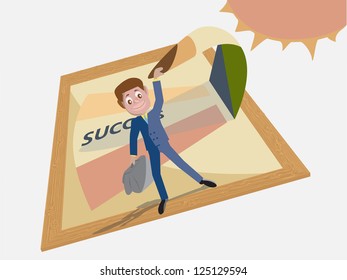 Businessman is bending sundial to meet success in time.