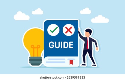businessman beside guidebook and lamp illustration of guidance for applying business ideas