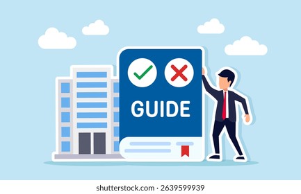 businessman beside guidebook and office building illustration of guidance for running a business
