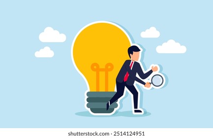 A businessman beside a large lamp, holding a magnifying glass, illustration of Seeking ideas and innovations to keep his business relevant to market lifestyle trends