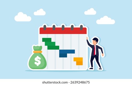 Businessman beside money bag and calendar schedule illustration of planning schedule for business financial investment