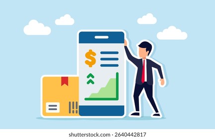 Businessman beside package box and app interface showing graph and dollar sign illustration of financial growth in logistics business