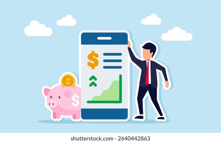 Businessman beside piggy bank and app interface showing graph and dollar sign illustration of increasing business investment returns