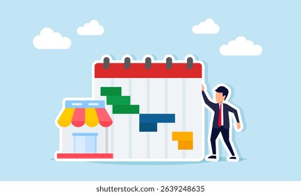 Businessman beside store and calendar schedule illustration of planning and organizing project schedule for business