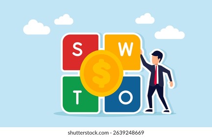 Businessman beside SWOT puzzle with dollar coin illustration of analyzing Strength Weakness Opportunities and Threats related to business financial management