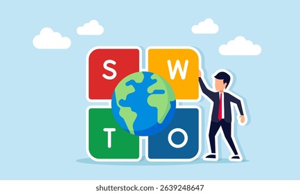 Businessman beside SWOT puzzle with globe illustration of analyzing Strength Weakness Opportunities and Threats related to global business competitors