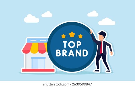 businessman beside top brand icon and store illustration of best business brand in a specific sector