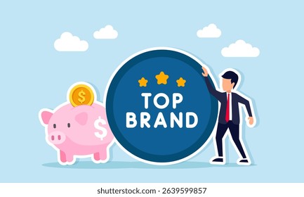 businessman beside top brand icon and piggy bank illustration of best financial insurance business