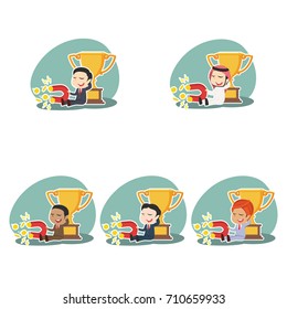businessman beside trophy holding coin magnet different race set 
