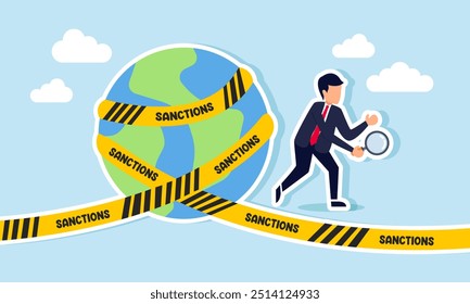 Um empresário ao lado de um globo selado por uma barreira, ilustração de Investigar um grande problema e caso significativo no mundo dos negócios