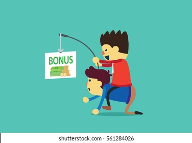 Businessman bestride on back of officer and using bonus for motivation him to work.
