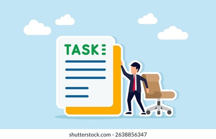 Businessman between office chair and document labeled TASK illustration of executing business task or completing work assignment