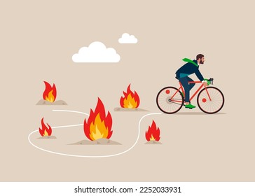 Businessman with Bicycle  pass many fire to achieve business success. Avoid pitfall, adversity and brave to around pass mistake or business failure. Flat vector illustration