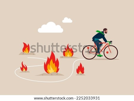 Businessman with Bicycle  pass many fire to achieve business success. Avoid pitfall, adversity and brave to around pass mistake or business failure. Flat vector illustration