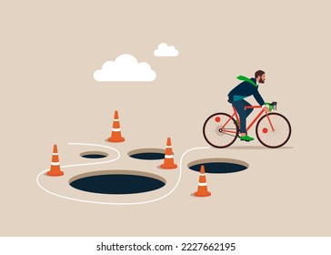 Businessman with Bicycle  pass many pitfalls to achieve business success. Avoid pitfall, adversity and brave to around pass mistake or business failure, skill and creativity to solve problem concept.