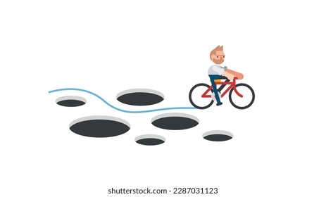 Businessman with Bicycle pass many pitfalls to achieve business success. creativity to solve problem concept.