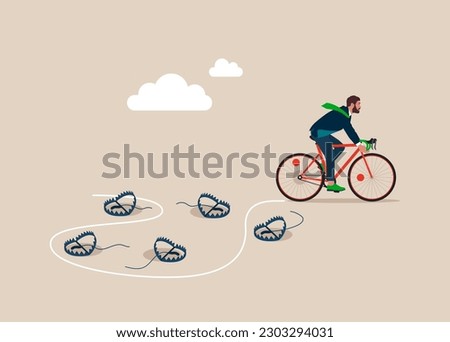 Businessman with Bicycle  pass many steel bear trap to achieve business success. Avoid pitfall, and business failure. Flat vector illustration