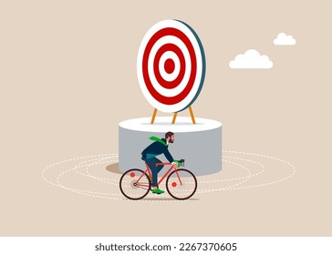 Businessman with Bicycle rides around the target. Modern vector illustration in flat style