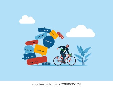 Businessman with bicycle running away from away from collapsing stack of messages and spam. Modern vector illustration in flat style