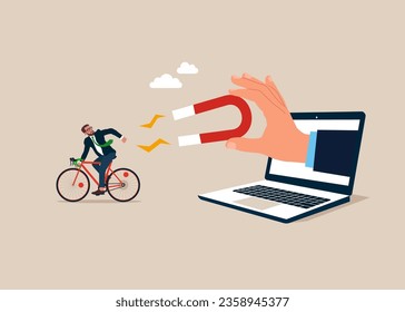 Businessman with bicycle  running away from the gravitational pull of the magnet. Vector illustration