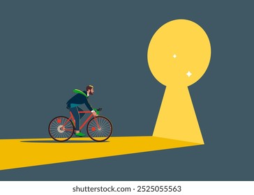 Empresário com Bicicleta andando em uma porta em forma de buraco de fechadura com luz.Desafie seu progresso e ganhar a corrida. Ilustração vetorial moderna em estilo plano