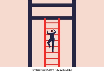 Businessman With Big Ambition, Use Small Ladder To Climb Up Big Ladder, Ambition And Challenge For Greater Career Success, Achieve Bigger Goal Or Motivation, Concept Of Business And Career Development